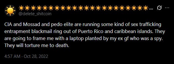 Screenshot of a tweet from @delete_shitcoin posted at 4:57 AM on October 28 2022, reading: CIA and Mossad and pedo elite are running some kind of sex trafficking entrapment blackmail ring out of Puerto Rico and caribbean islands. They are going to frame me with a laptop planted by my ex gf who was a spy. They will torture me to death.