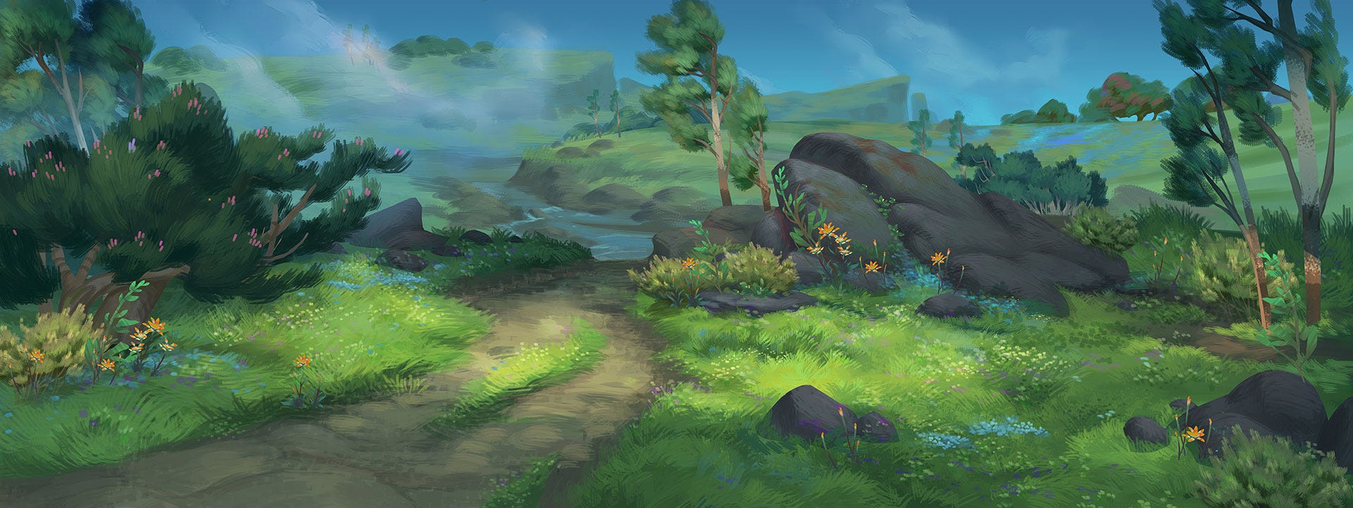 Environment art of the lush green Ohnahran Plains from World of Warcraft: Dragonflight