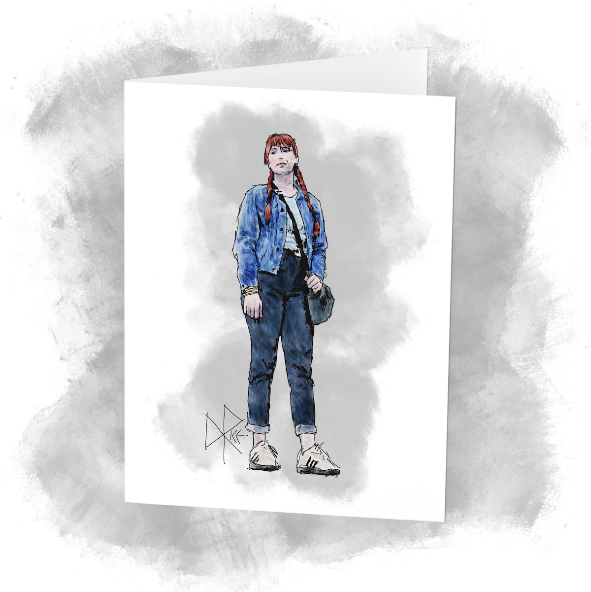 A woman with her red hair in pigtails stands while dressed in a denim jacket and jeans. Sketch art by Don Rice. A woman with her red hair in pigtails stands while dressed in a denim jacket and jeans. Sketch art by Don Rice.