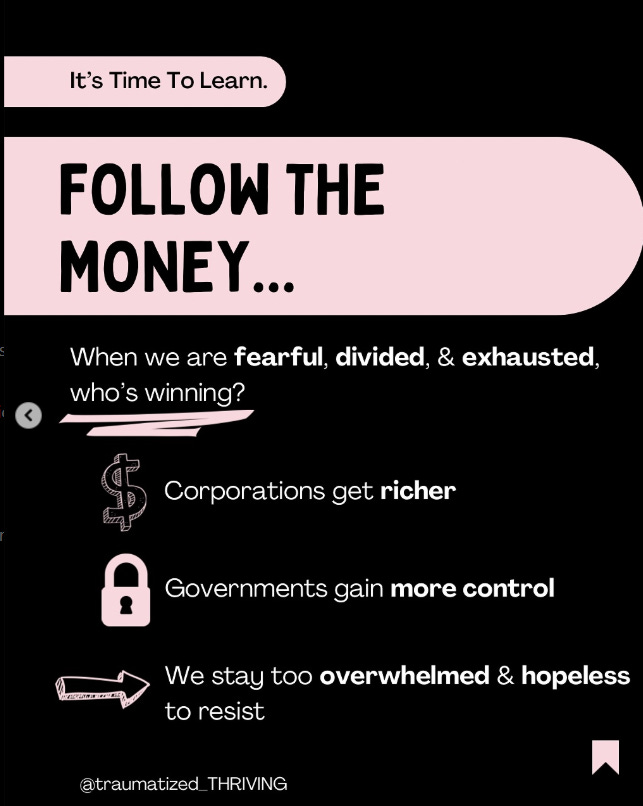 Screenshot of an Instagram post titled 'Follow the money.' When we're exhausted, tired and overwhelmed, who's winning? Corporations get richer, governments maintain control, we remain too overwhelmed & helpless to respond. Screenshot of an Instagram post titled 'Follow the money.' When we're exhausted, tired and overwhelmed, who's winning? Corporations get richer, governments maintain control, we remain too overwhelmed & helpless to respond.