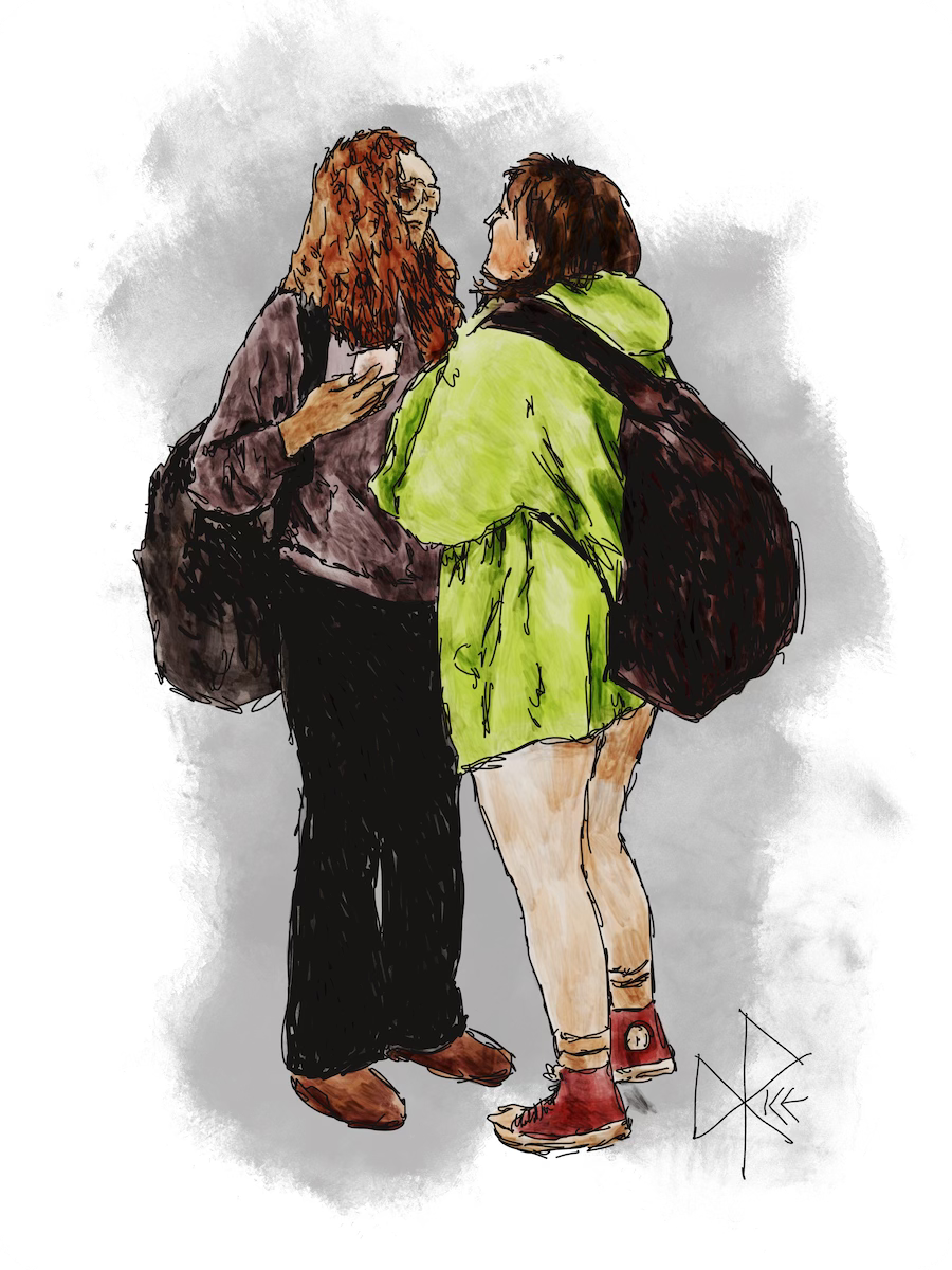 Two standing young women having a happy conversation while only inches from each other’s faces. The shorter one needs to get on her toes to get there. Sketch art by Don Rice.