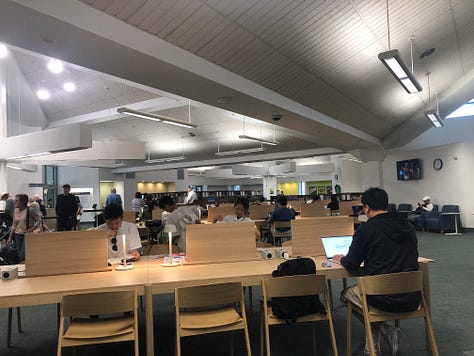 People in library borrowing books, browsing, reading 