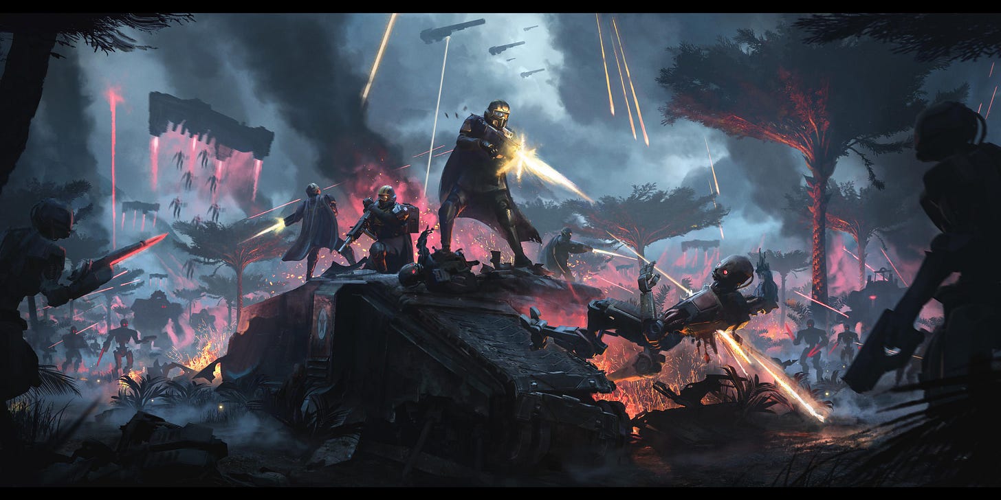 General 3840x1921 Helldivers 2 fan art robot space battle video games PlayStation video game art soldier Democracy video game characters animatronic spaceship boys with guns