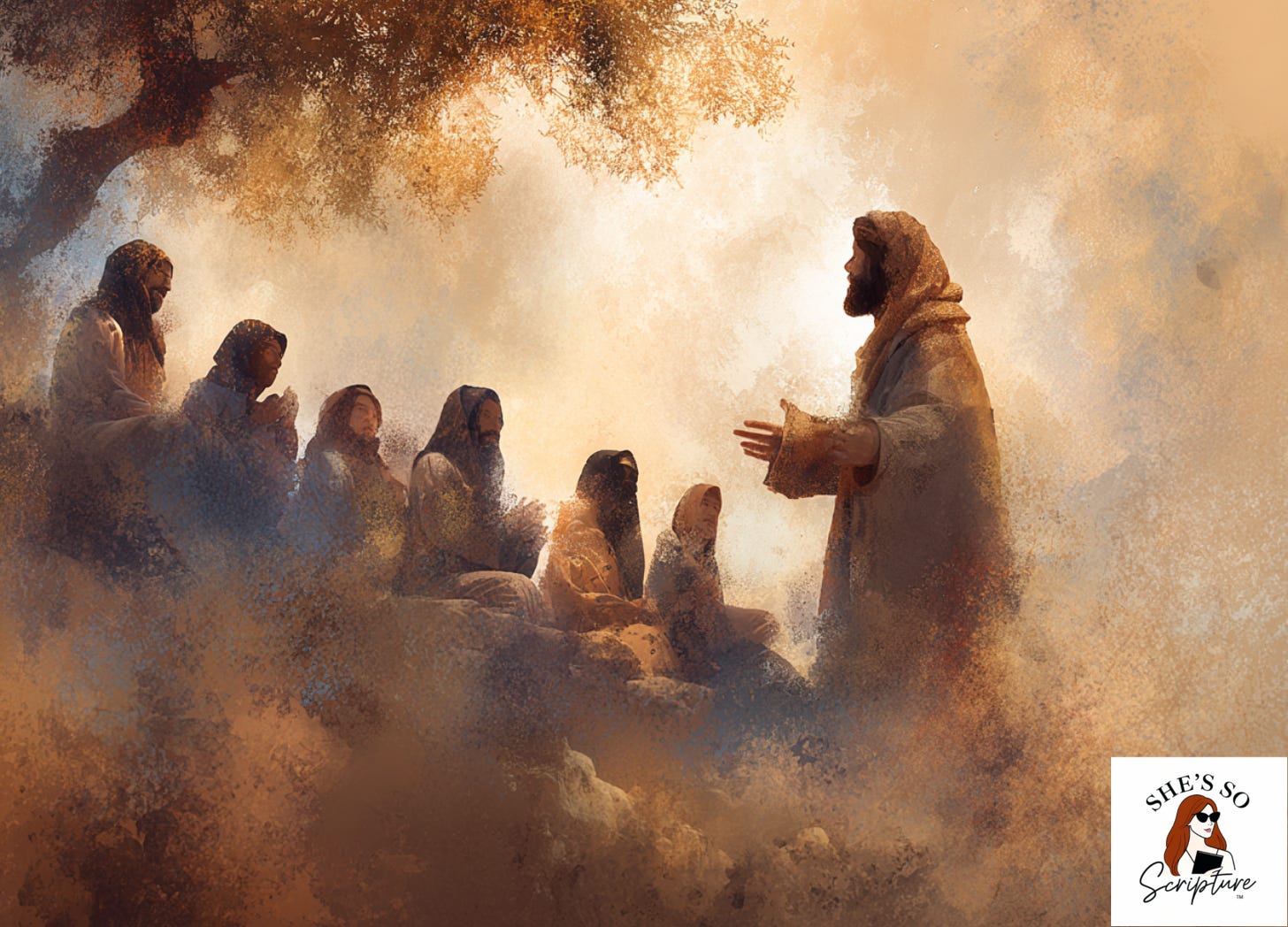Illustration of a first century Jewish Rabbi teaching about the kingdom of heaven to listeners in a Galilean landscape, symbolizing God’s reign drawing near.