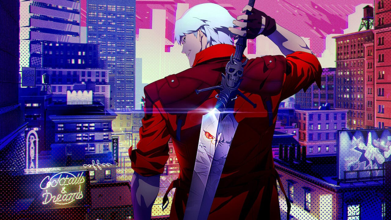 Promotional image of the main character Dante. His body is facing away but he's turning to look behind him and reaching over his shoulder for his sword.