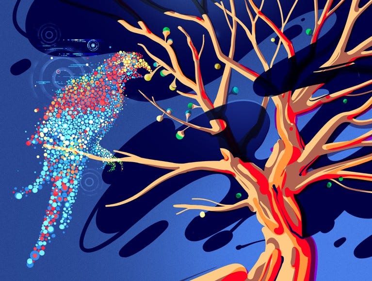 Illustration of a parrot composed of colourful dots to represent artificial intelligence, eating a small cluster of fruit from an otherwise barren tree.