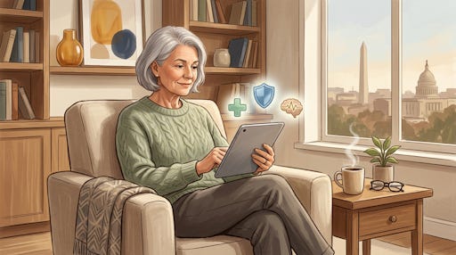 An older woman sitting, holding a tablet.