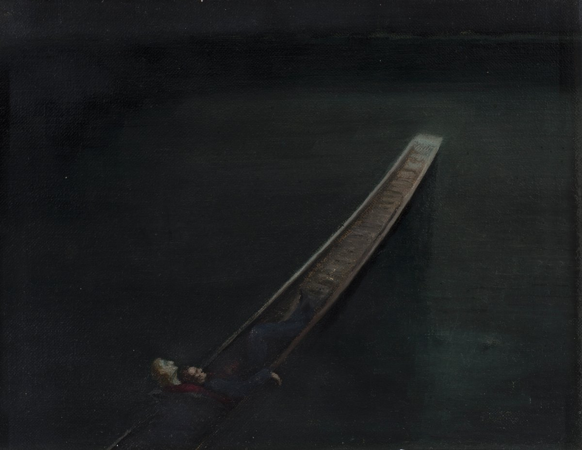 A painting of 2 figures lying back on a long, narrow canoe, shrouded in darkness. The scene conveys tranquility on calm, dark water. The portrait is supposed to represent Gluck and Nesta Obermer, with Nesta on the left with blonde hair, and Gluck on the right with dark hair. They are cuddling each other, with their legs out in front of them. The water surrounding them is completely dark with no light sources. A painting of 2 figures lying back on a long, narrow canoe, shrouded in darkness. The scene conveys tranquility on calm, dark water. The portrait is supposed to represent Gluck and Nesta Obermer, with Nesta on the left with blonde hair, and Gluck on the right with dark hair. They are cuddling each other, with their legs out in front of them. The water surrounding them is completely dark with no light sources.