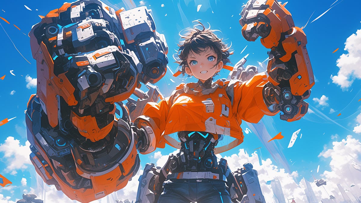 Mech girl with raised fist.