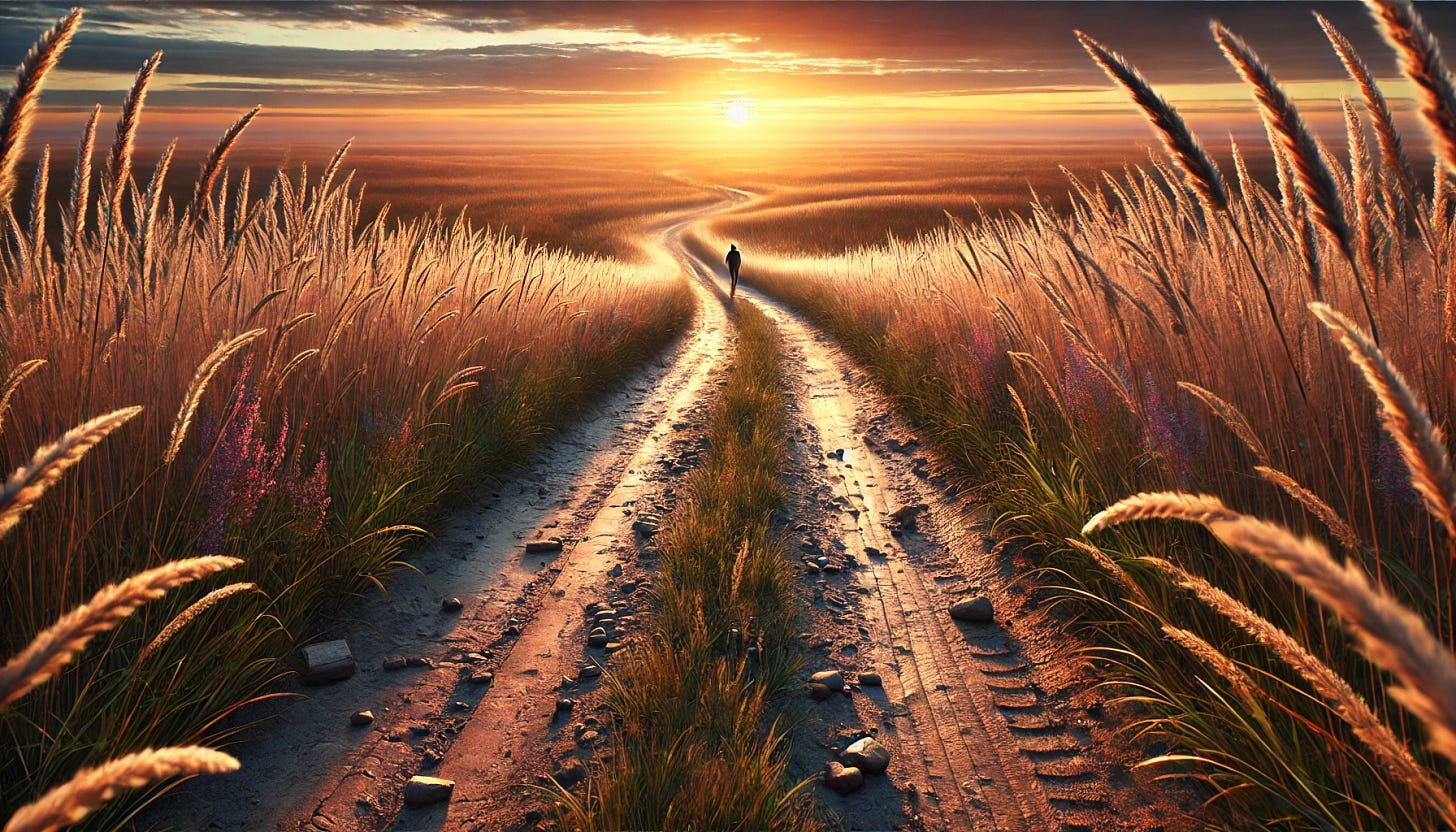 A photorealistic depiction of a dirt road cutting through a serene countryside, bordered by tall grasses swaying gently in the breeze. The road shows evidence of past struggles, including tire ruts, small rocks, and muddy patches. At the horizon, the road disappears into a vibrant sunrise, with colors transitioning from deep orange to pale blue. A single figure walks confidently down the road, their silhouette glowing in the golden light of the sunrise. The scene captures fine details, such as the texture of the dirt road and the subtle motion of the grasses in the wind. The lighting is soft yet dynamic, highlighting the natural elements while creating a sense of depth. The image is taken with a realistic camera perspective, emphasizing sharpness and a balanced composition that symbolizes perseverance and moving forward. Captured in landscape proportion.