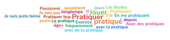 Nuage de mot dans lequel « Pratiquer » est central et les mots du même champ lexical et sémantique occupent presque tout l'espace. Nuage de mot dans lequel « Pratiquer » est central et les mots du même champ lexical et sémantique occupent presque tout l'espace.