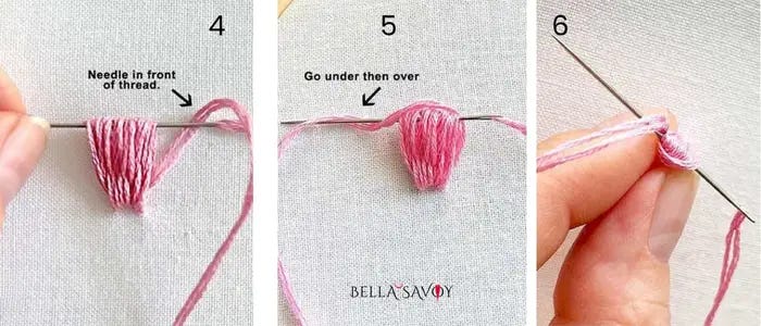 needle holding up loops of thread and fingers pinching the top