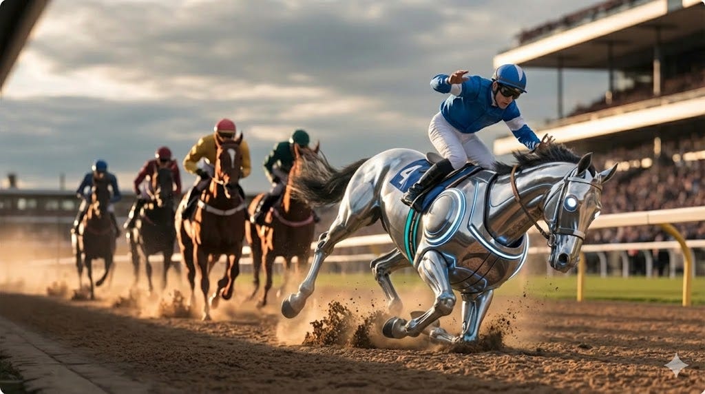 A computer generated image of a horse race: but the leading horse is robotic. This leader has just stumbled and is falling, surprising its human rider who has a hand outstretched. A computer generated image of a horse race: but the leading horse is robotic. This leader has just stumbled and is falling, surprising its human rider who has a hand outstretched.