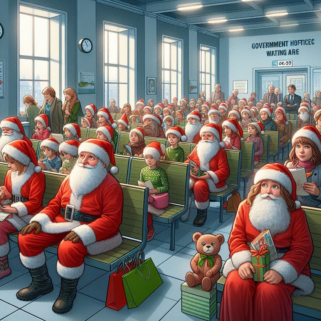 Im Wartebereich einer Behörde sitzen mehrere als Weihnachtsmänner verkleidete Personen in mehreren Reihen hintereinander und warten auf ihren Aufruf.