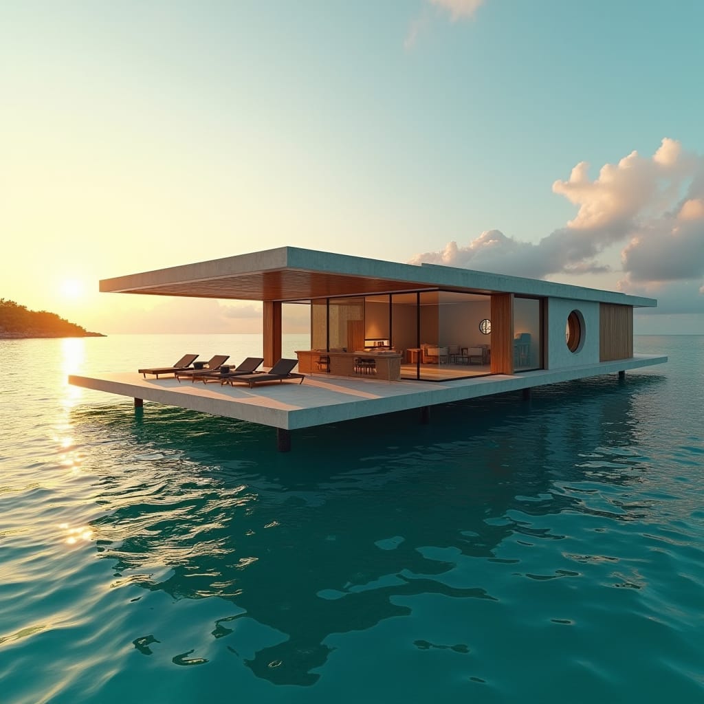 A luxurious, modern, one-story, five-bedroom Jamaican floating home, suspended in the turquoise ocean, with rounded windows reflecting the sun's warm glow, standing on concrete platforms that seamlessly blend with sleek glass and warm wood accents