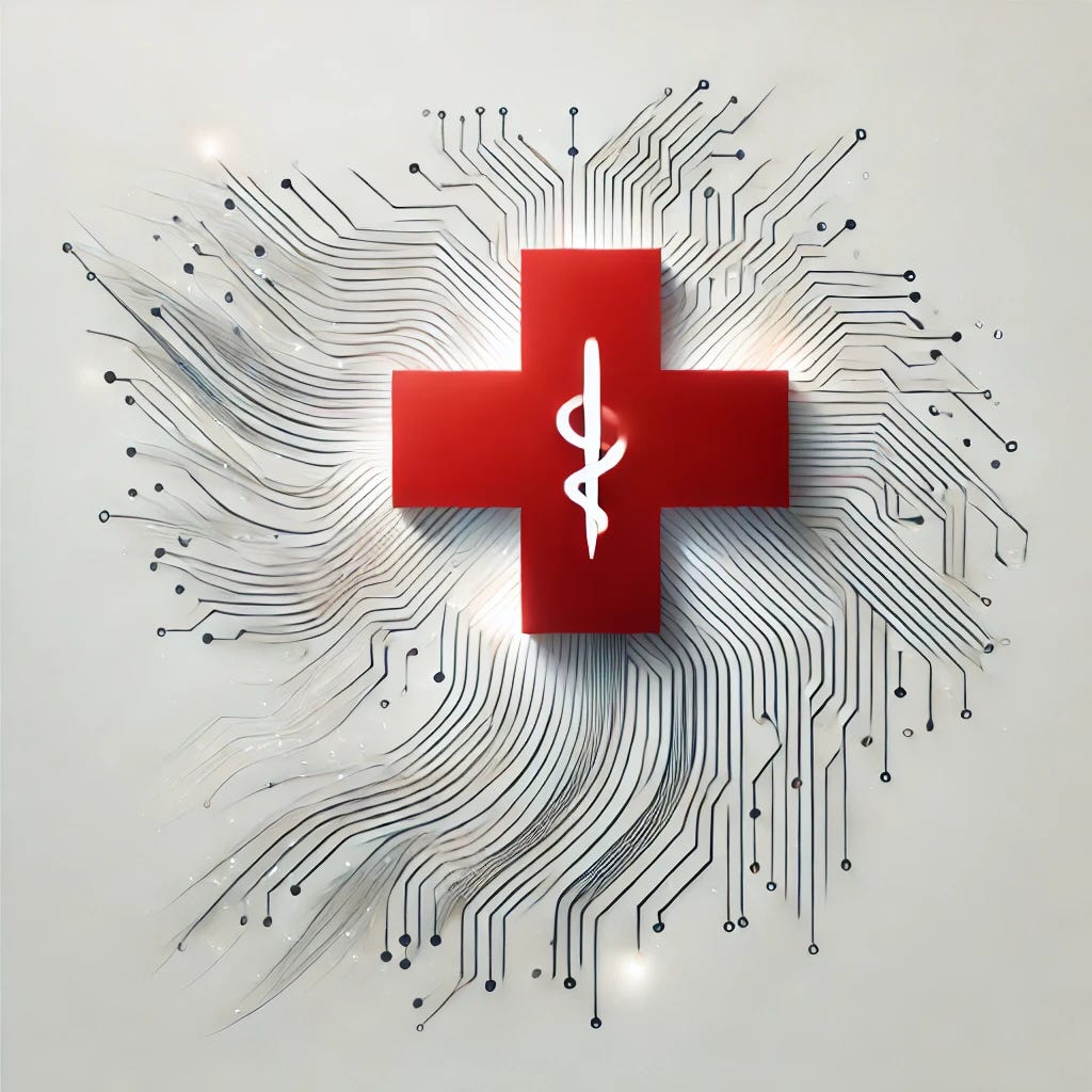 A minimalist design featuring a red cross symbol combined with subtle, flowing geometric lines resembling a neural network or circuit board, symbolizing the integration of artificial intelligence with healthcare. The cross is prominent and centered, with the lines radiating around it in a sleek, modern, and professional style. The background is clean and white, emphasizing the simplicity and focus of the design.