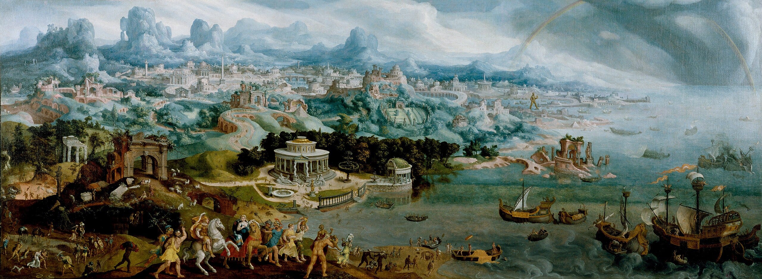 Panorama of Paris taking Helen to his ships on horseback with an ancient city, mountains and a rainbow in the background Panorama of Paris taking Helen to his ships on horseback with an ancient city, mountains and a rainbow in the background