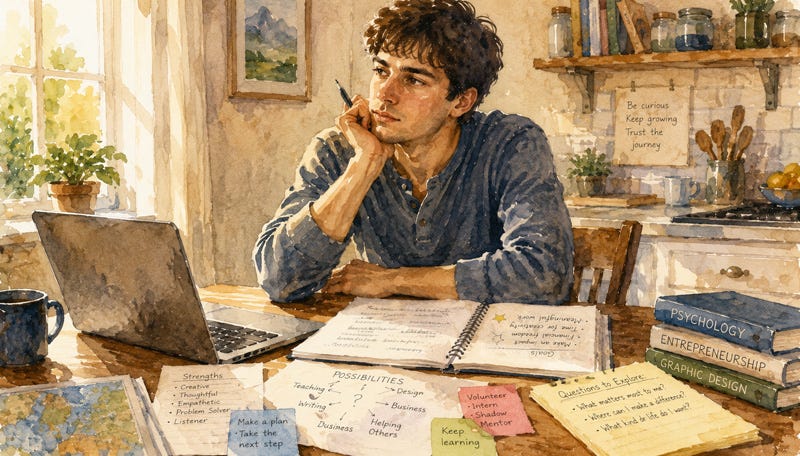 Pensive young man sits at a kitchen table with a laptop and notes, reflecting on career choices and future possibilities.