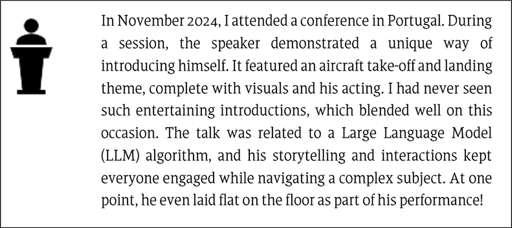 An interesting speaker introduction pattern observed at a conference in Portugal.