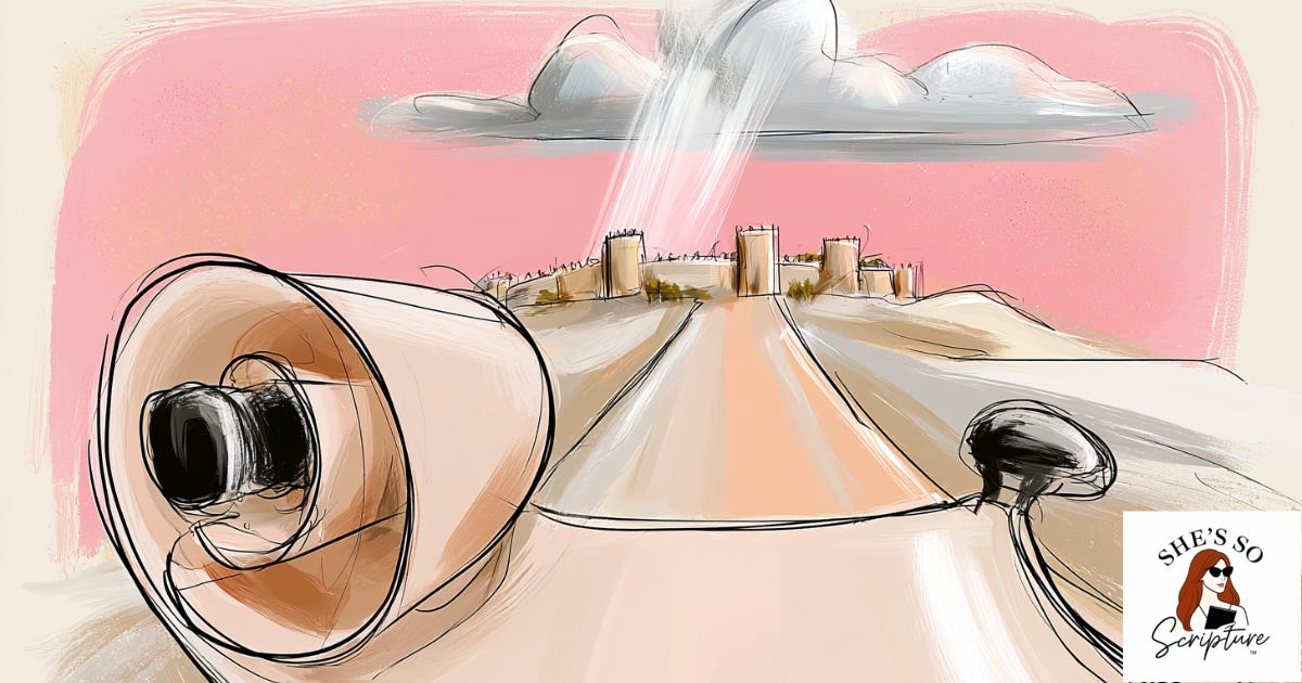 Illustration of an open scroll beside a road leading toward a distant walled city at dawn, with light breaking through clouds, in a blush pink and cream watercolor style.