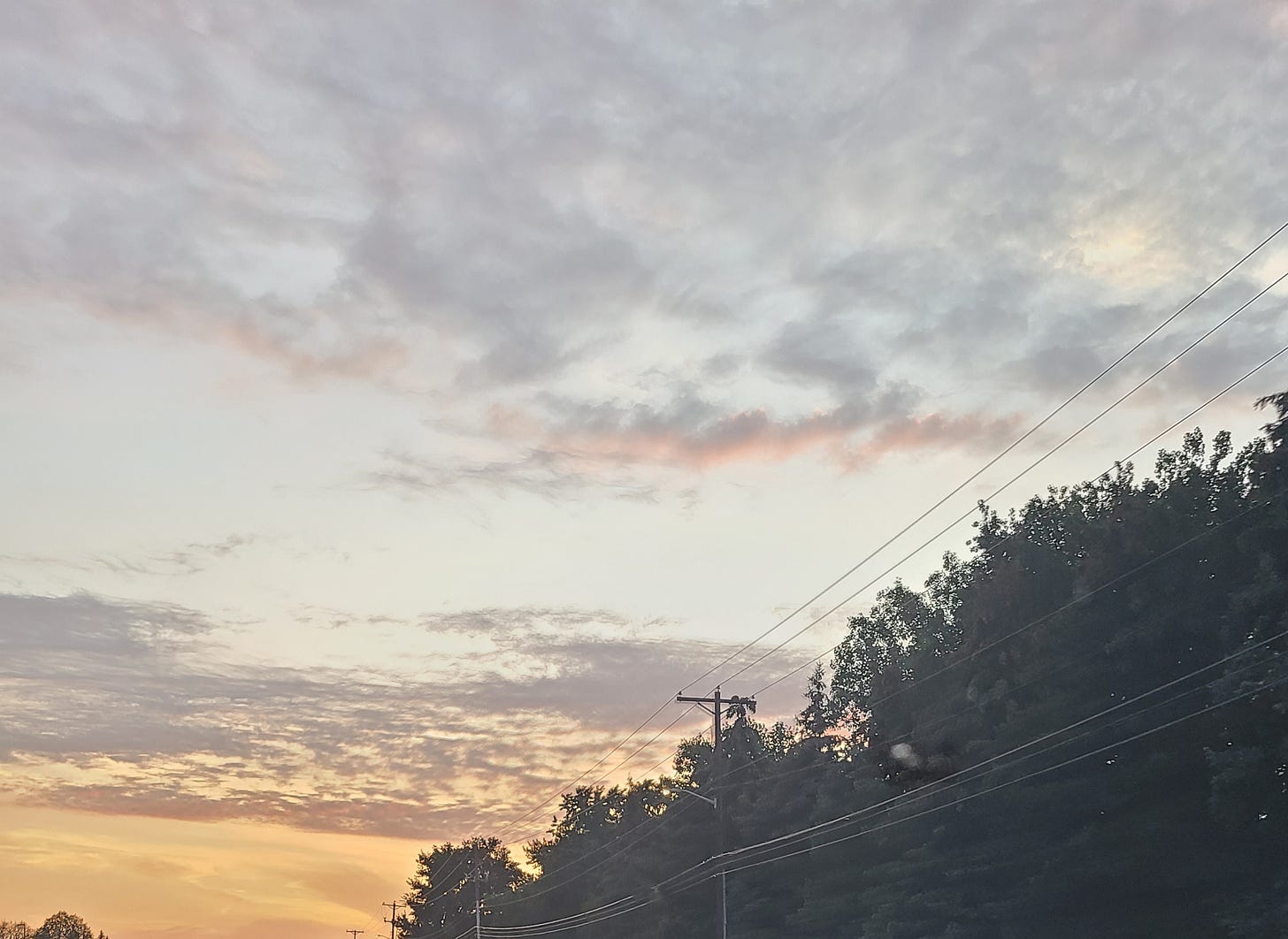 An image of a sunset. The Sun glows in the bottom left. The sky stretches with blue and purple hues. Trees and electricity poles and wires occupy the bottom right. 