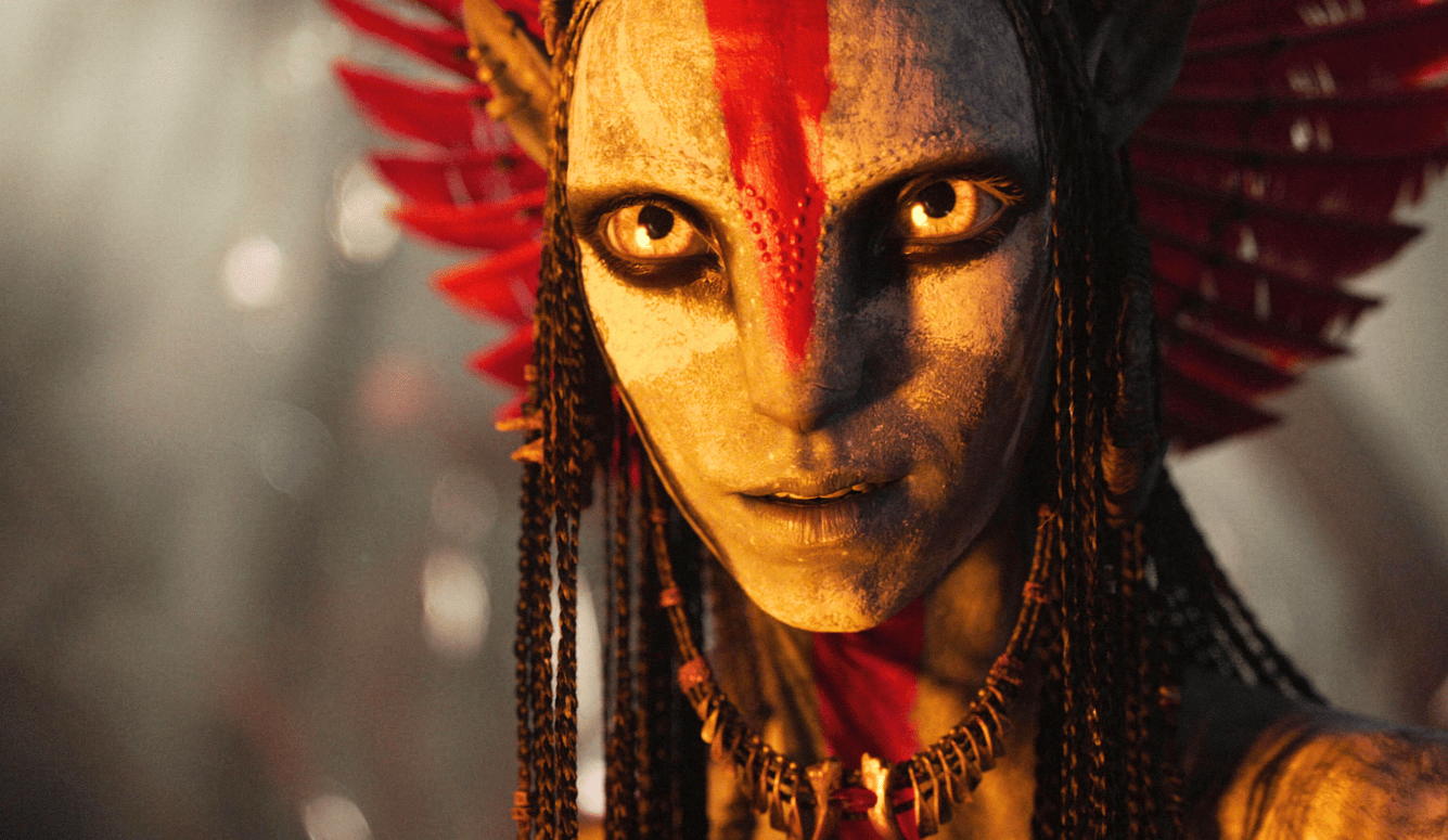 CGI humanoid figure with golden skin, red face paint, feathered headdress, glowing eyes, and beaded braids. Fantasy warrior aesthetic. CGI humanoid figure with golden skin, red face paint, feathered headdress, glowing eyes, and beaded braids. Fantasy warrior aesthetic.