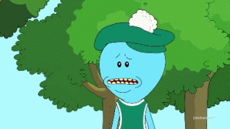 Animated GIF from Rick and Morty showing two Meeseeks blue aliens playing golf and one of them is really stressed.