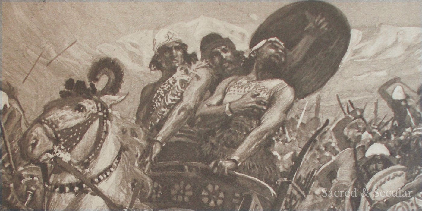 A dramatic biblical illustration showing King Ahab wounded by an arrow during battle, surrounded by soldiers and horses as fighting continues around him. A dramatic biblical illustration showing King Ahab wounded by an arrow during battle, surrounded by soldiers and horses as fighting continues around him.