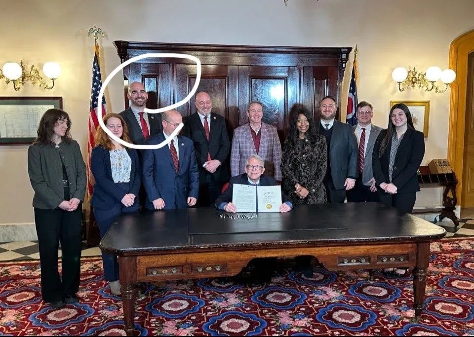 Passed in late 2024, LifeWise CEO Joel Penton with Ohio governor Mike Dewine at House Bill 8 signing; Ohio public school districts “shall have” RTRI policies.