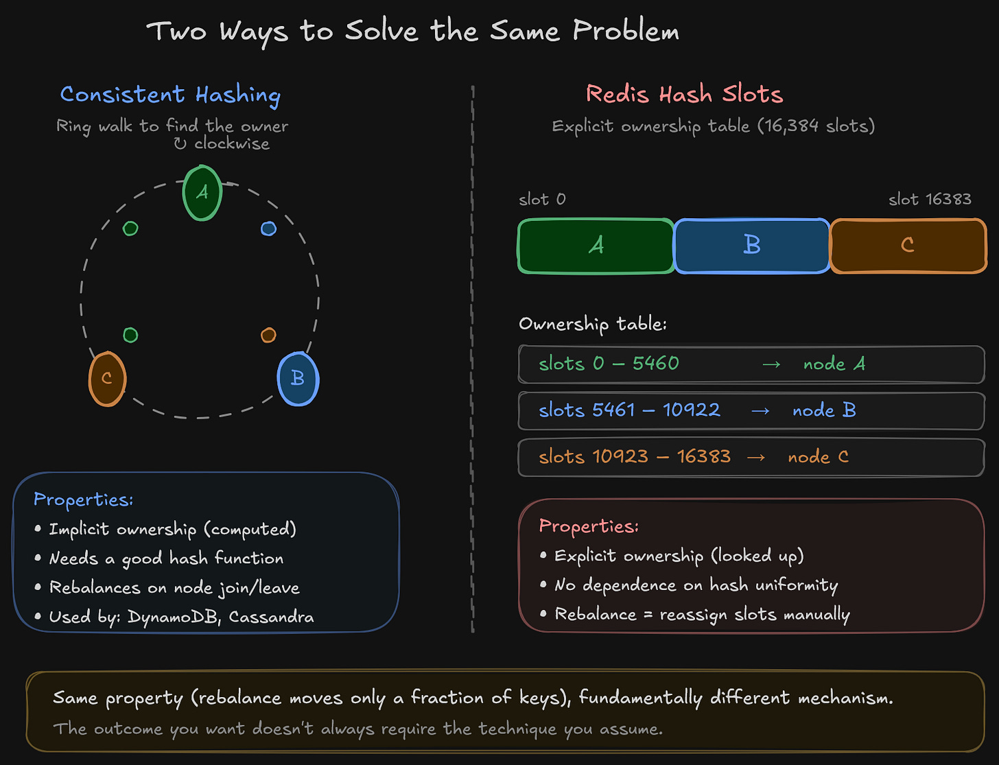 Two ways to assign keys to nodes. The hash ring computes ownership implicitly by walking the ring. Redis Cluster stores ownership explicitly in a lookup table. Same rebalancing property (only a fraction of keys move), fundamentally different mechanism.
