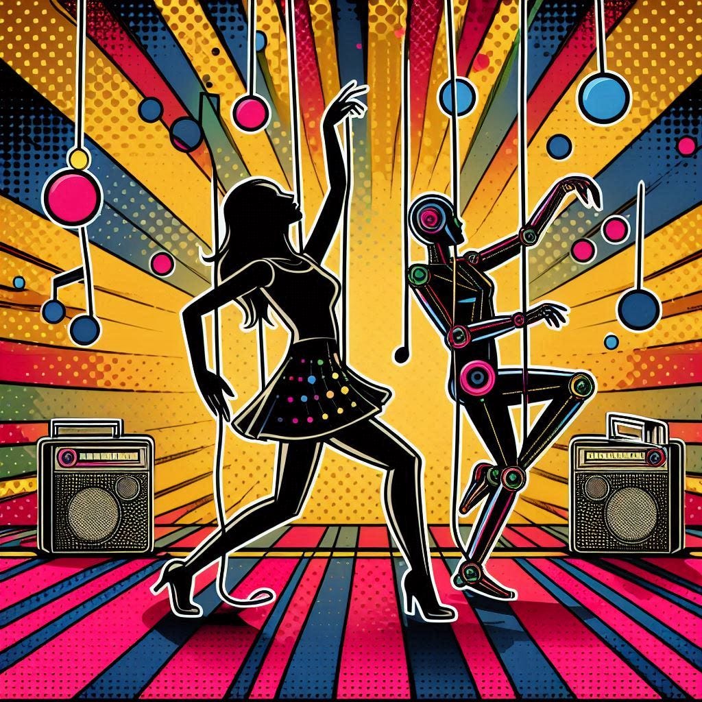 Human dancing like puppet on a string controlled by artificial intelligence music pop art