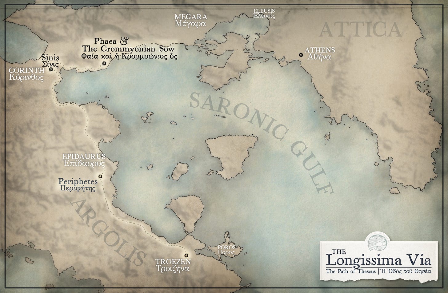 A hand-drawn map of the Saronic Gulf showing Theseus’ journey from Troezen to Athens. Marked locations include Troezen, Poros, Epidaurus, Corinth, Megara, Eleusis, and Athens. The path highlights Periphetes near Epidaurus, Sínis near Corinth, and Phaea with the Crommyonian Sow along the route northward. The map is titled The Longissima Via: The Path of Theseus and depicts the hero’s first three inner challenges on his initiatory road.