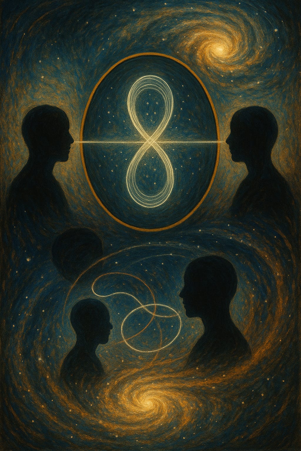Four silhouetted human figures face one another across a cosmic backdrop, connected by flowing loops of light shaped like infinity symbols and spirals, representing the self–other seam and the recursive nature of recognition.