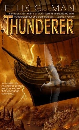 The cover of Thunderer, showing a flying ship over a steampunk city.