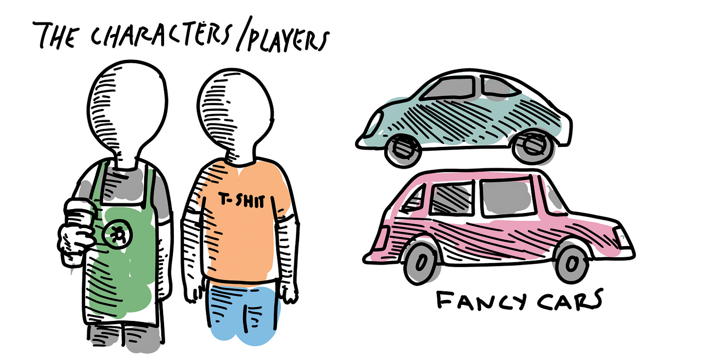 Drawing of two people and two fancy cars