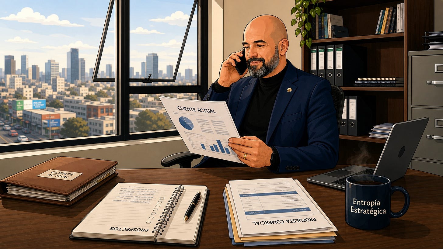 Ilustración estilo caricatura de negocios de un hombre en oficina, hablando por teléfono mientras revisa un reporte de cliente actual. Sobre el escritorio hay una libreta de prospectos, una propuesta comercial, una laptop y una taza con el texto “Entropía Estratégica”. Al fondo se observa una ciudad a través de una ventana.