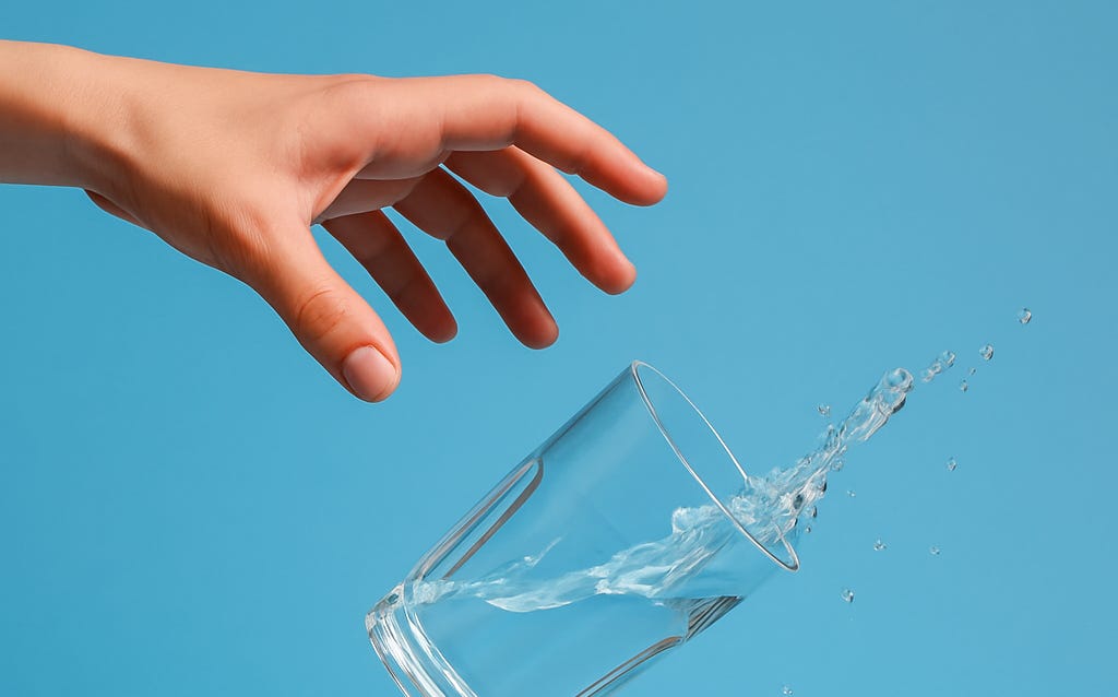 A hand releasing a glass of water mid-drop with water spilling, against a gradient blue background. Image created by the author.