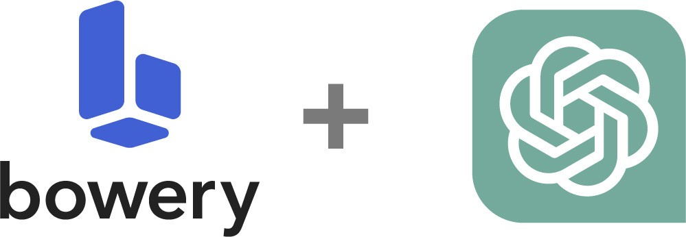 The Bowery Valuation Logo with a plus sign followed by the ChatGPT logo symbolizing the integration of AI into modern tech products.
