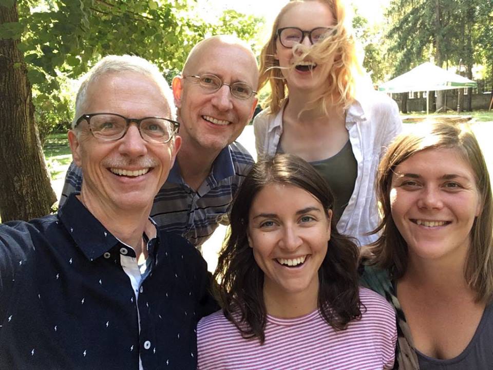Michael and Brent with their circle of friends in Bansko, Bulgaria, including Marianne and Gillian. 