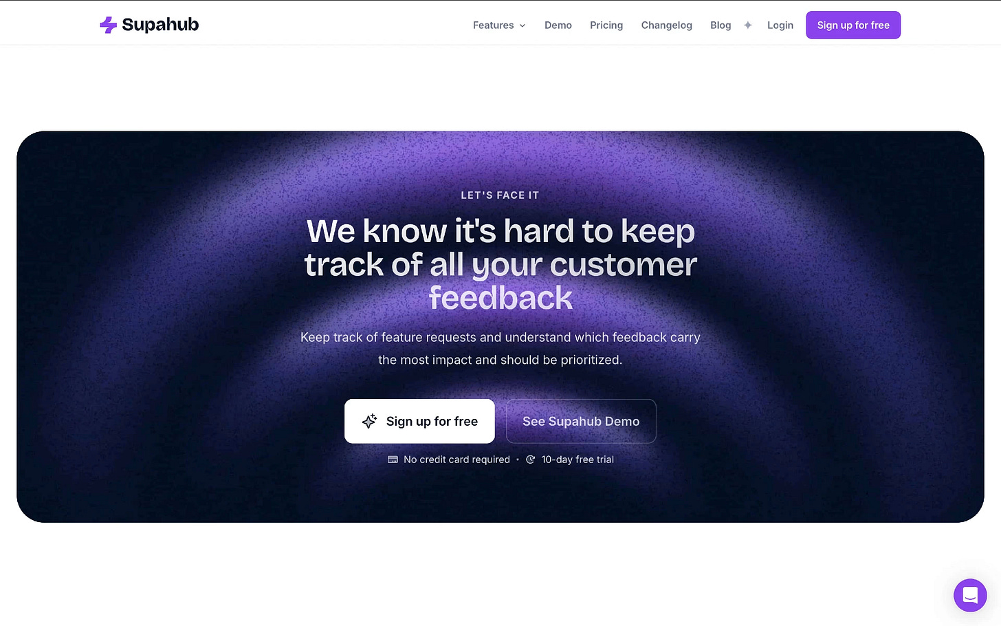 SaaS landing page hero section with headline “We know it’s hard to keep track of all your customer feedback,” subtext explaining feature request tracking, and clear CTAs to sign up free or watch a demo.