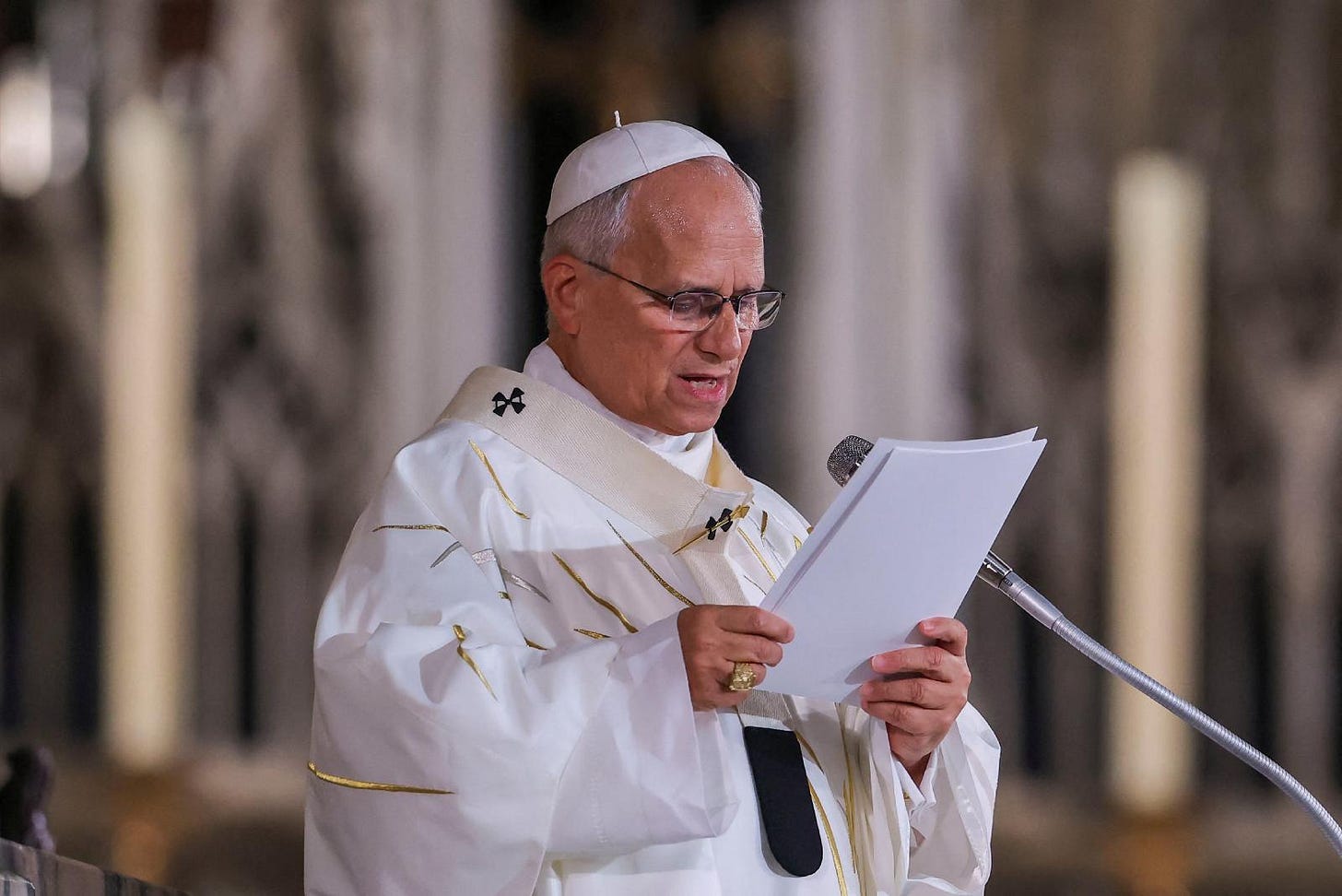 Pope Leo XIV reads his homily at St. Stephen’s Cathedral in Metz Pope Leo XIV reads his homily at St. Stephen’s Cathedral in Metz