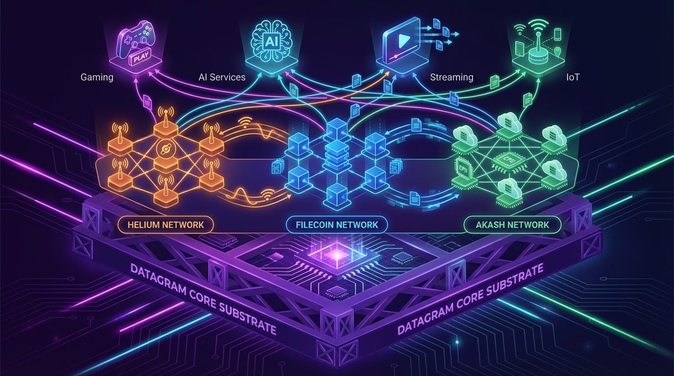 Three-layer DePIN ecosystem diagram with Datagram Core Substrate as foundation layer, specialized networks in middle layer, and applications in top layer, connected by interoperability protocols