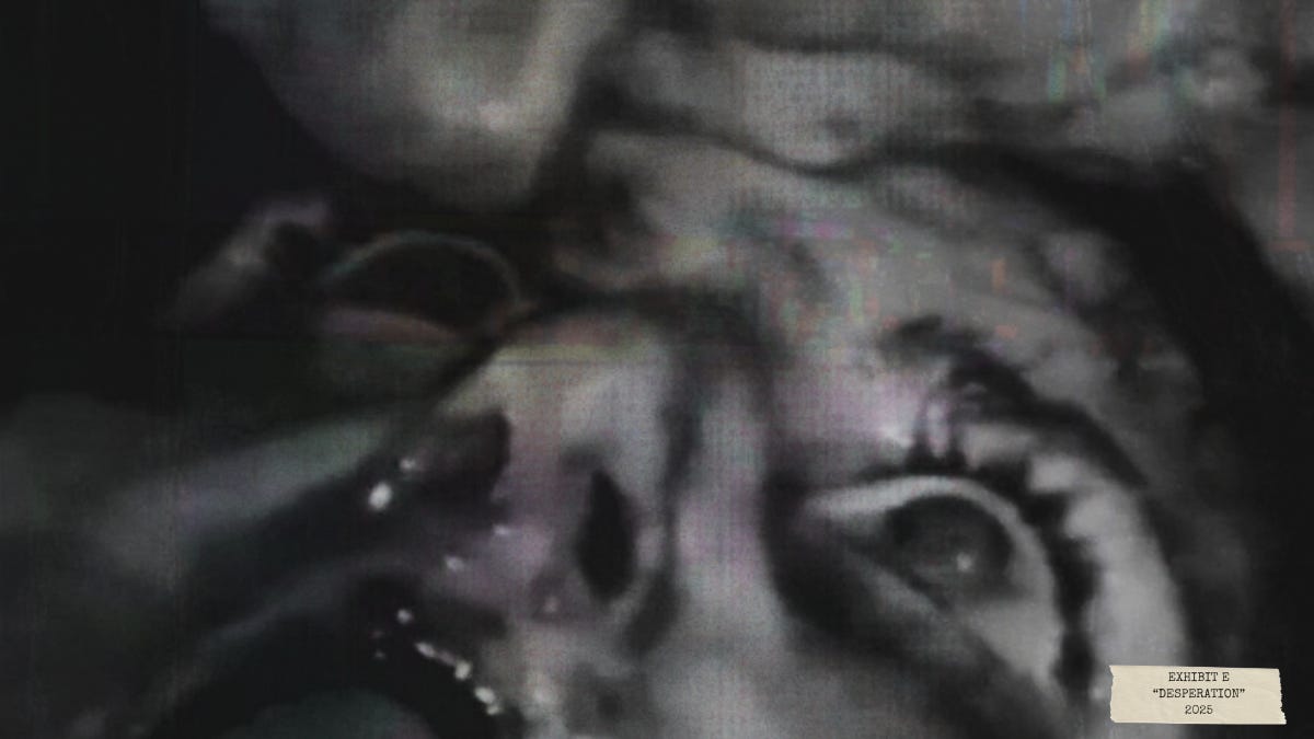 Grainy black-and-white still styled as VHS ritual footage from Bring Her Back (2025), depicting a disturbing occult scene tied to grief and attempted resurrection.
