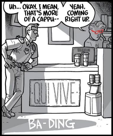 Single panel from the issue. Cop stands on the left in front of a coffee shop counter, and we can see Jon's head and shoulders, making coffee behind the counter