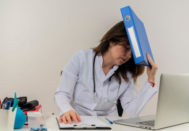 Tired middle-aged female doctor wearing wearing medical robe with stethoscope sitting at desk work on laptop with medical tools putting folder on head on isolated white backgroung with copy space