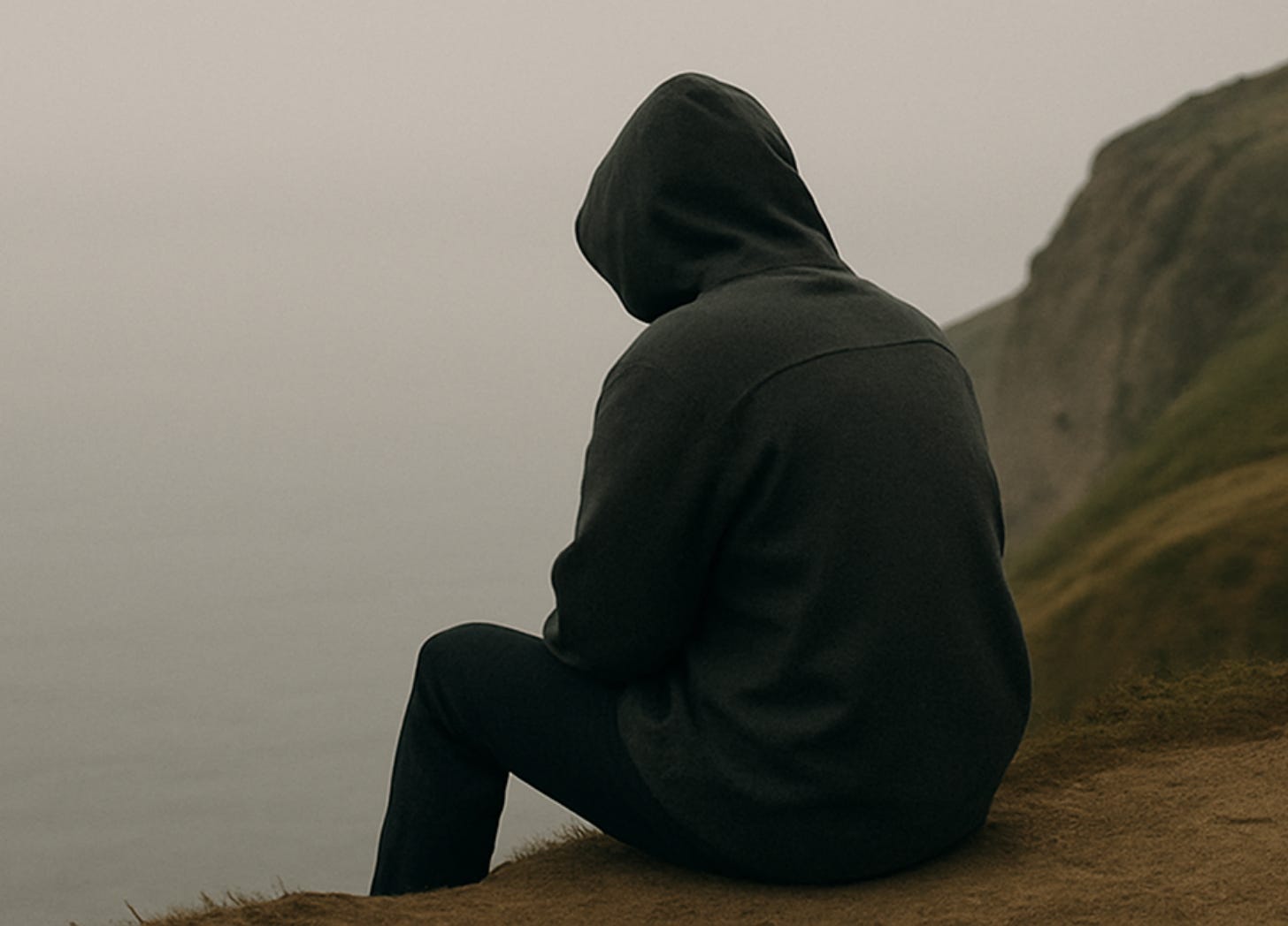A person in a dark hoodie sits alone near the edge of a foggy cliff, facing away from the camera and toward the gray horizon. A person in a dark hoodie sits alone near the edge of a foggy cliff, facing away from the camera and toward the gray horizon.