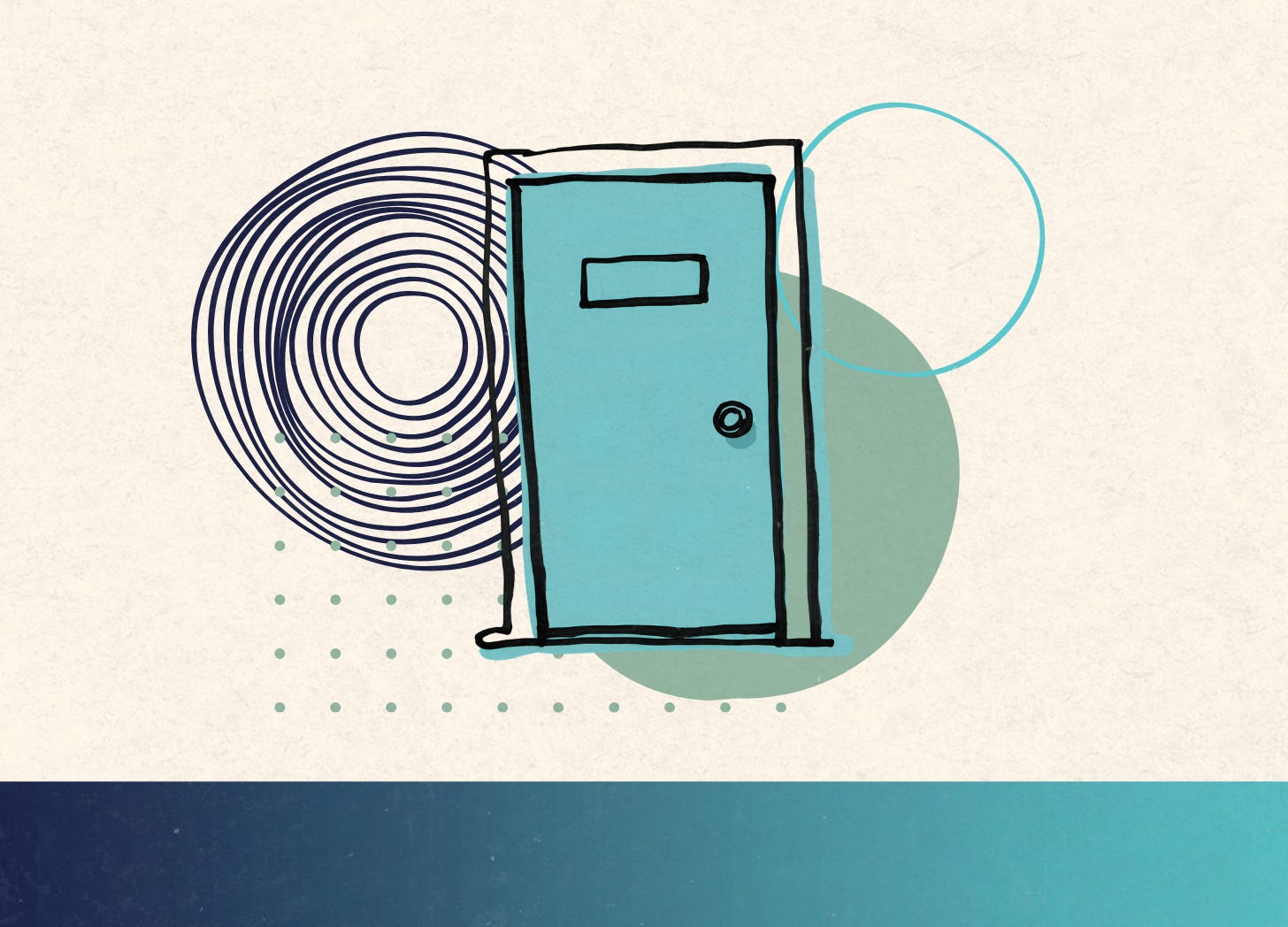 Cyan door over abstract shapes.