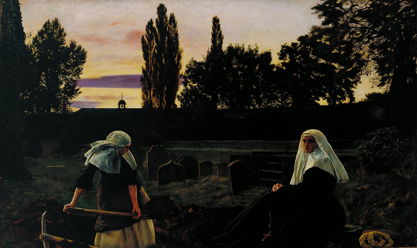 At sunset in a walled convent graveyard, a young nun in a black habit digs a grave with a spade while an older nun sits beside the hole, a rosary in her hands, looking straight out of the picture. At sunset in a walled convent graveyard, a young nun in a black habit digs a grave with a spade while an older nun sits beside the hole, a rosary in her hands, looking straight out of the picture.