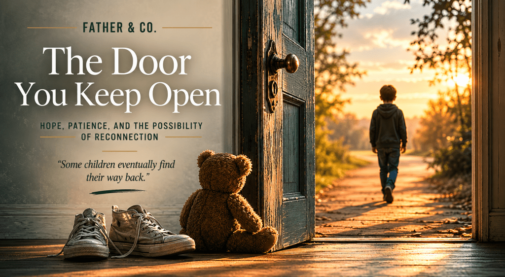 An open door leading to a sunset-lit path, with a child walking away. A teddy bear and a pair of shoes are placed in front of the door, conveying themes of hope and reconnection. An open door leading to a sunset-lit path, with a child walking away. A teddy bear and a pair of shoes are placed in front of the door, conveying themes of hope and reconnection.