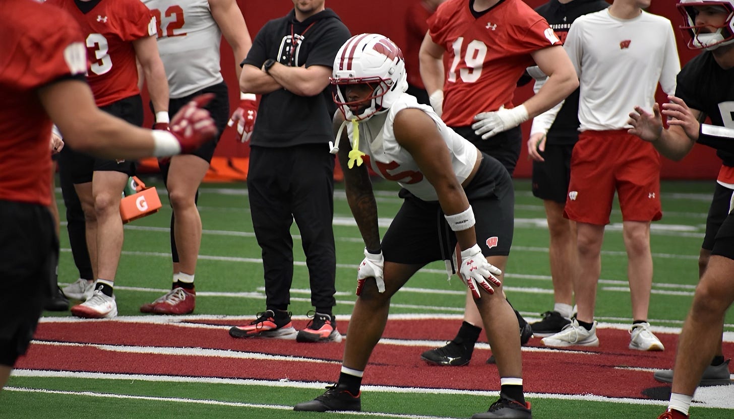 Wisconsin Badgers running back Nate Palmer lines up in the backfield during practice.